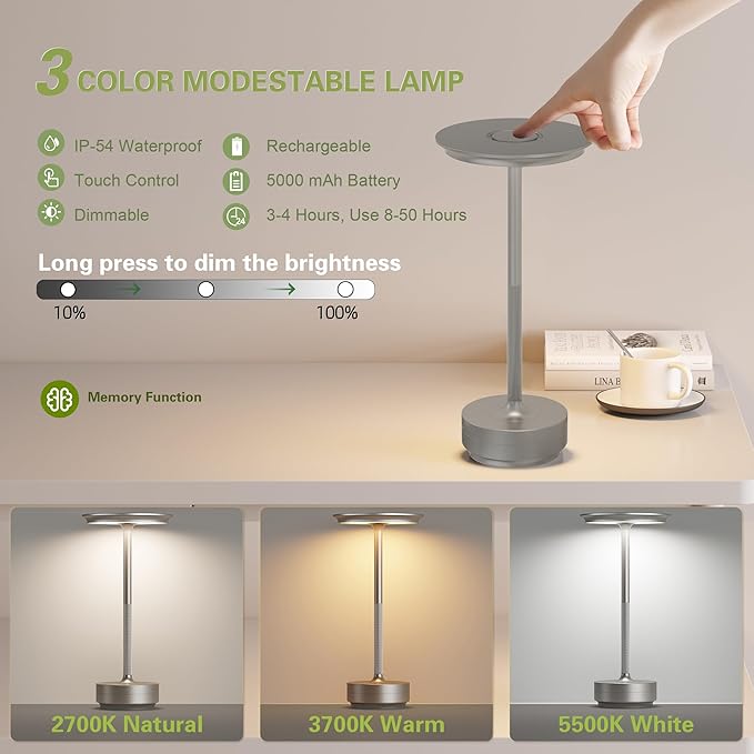 LED Cordless Table Lights Set of 2, Built-in 5000mAh Battery Rechargeable Outdoor Waterproof Portable Touch Battery Table Lamps with Memory Function,for Patio/Campsite/Work（Silver ）