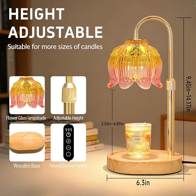 Flower Candle Warmer lamp with Timer Dimmer,Adjustable Height Candle Warmer,Fits All Jar Scented Candles,Christmas Gifts for Mom Women,Candle Lamp for Bedroom Home Decor,Light Pink