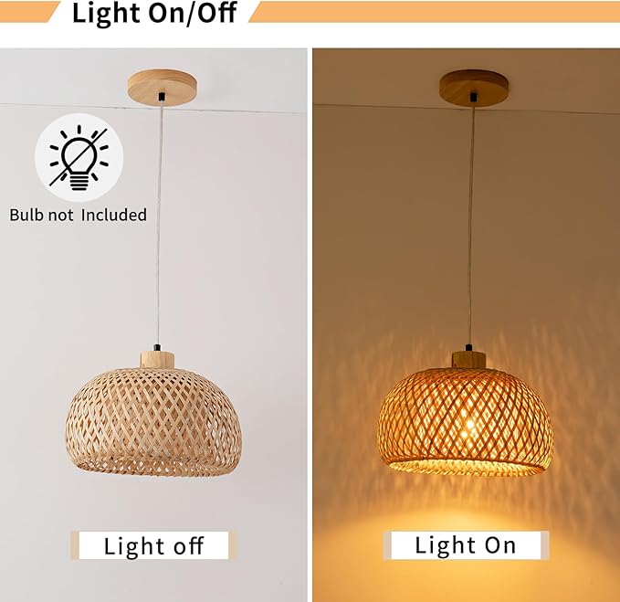 23.6inch Bamboo Rattan Pendant Light, Hand-Woven Wicker Boho Hanging Ceiling Light Fixture, Beige Pendant Lamp Rustic Farmhouse Chandelier for Kitchen Island, Dining Room, Bedroom, Living Room