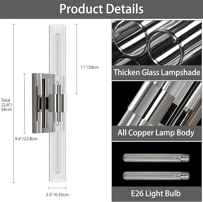 YUYI Nickel Wall Sconces Set of Two, 22.8'' Indoor Sconces Wall Decor Set of 2 with Clear Glass Shade, Bathroom Vanity Wall Lights for Bathroom Living Room Bedroom Hallway Fireplace Staircase
