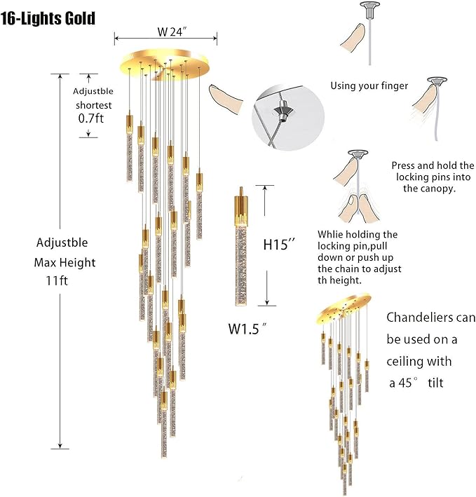 16-Lights Chandeliers for Entryway Modern High Ceiling Pendant Lights Crystal Chandeliers for Living Room Foyer Staircase LED Dimmable Chandelier Lighting Fixture Suit for Sloping Ceiling Chandelier