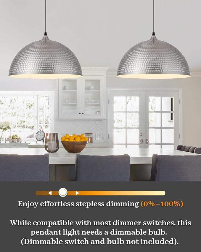 Brushed Nickel Pendant Light 16 inch, Hammered Large Dome Pendant Light, Industrial Farmhouse Pendant Lights Kitchen Island, Island Pendant Lights for Kitchen, Dining Room Living Room 2 Pack