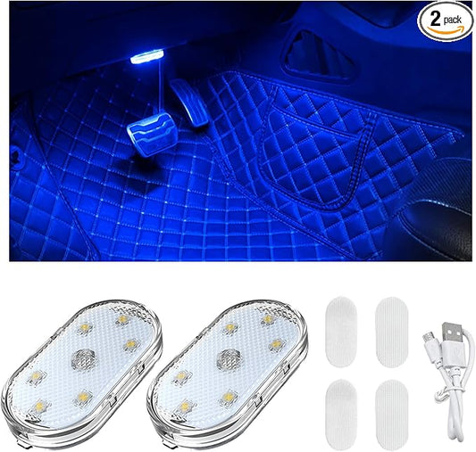 2 PCS Car LED Lights Interior Wireless, Sticky Car Ambient Lighting with 6 Bright LED Lamp Beads, Portable USB Rechargeable Vehicle Interior Led Night Light for Car (Blue)