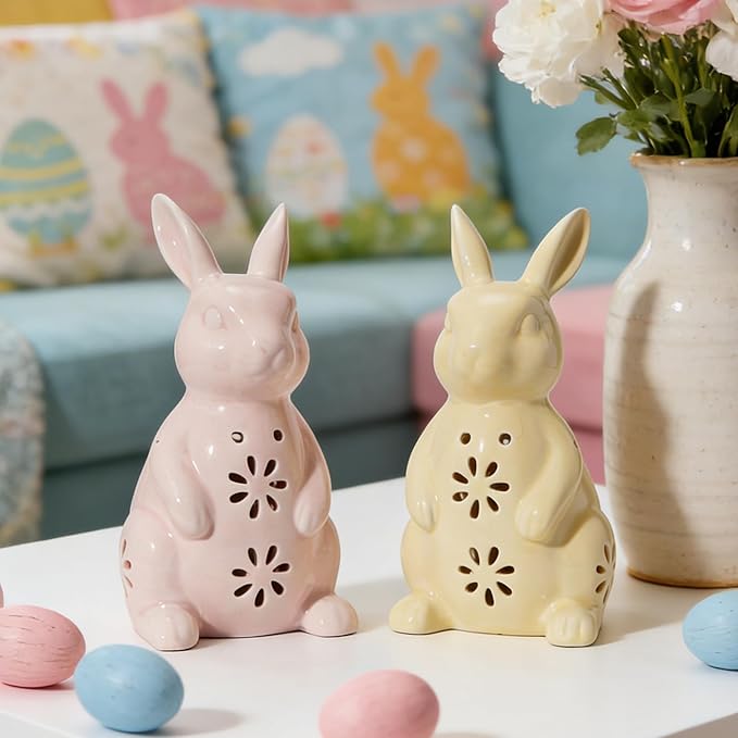 WDS WONDROUS Easter Decorations Light Up Bunny Figurines - 2PCS LED Ceramic Rabbit Statues Decor with Floral Cut-Outs, Glowing Easter Spring Home Decor for Farmhouse Tabletop Shelf Sculpture