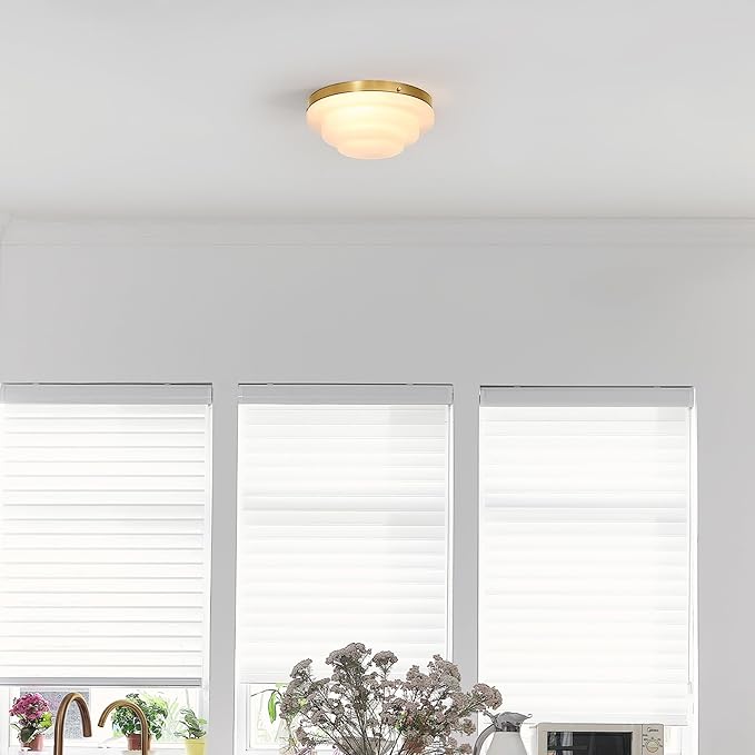 GLOBE Electric 66000081 2-Light Flush Mount Ceiling Light, Matte Brass Finish, Tiered White Milk Glass Shade, E12 Base, Dimmable