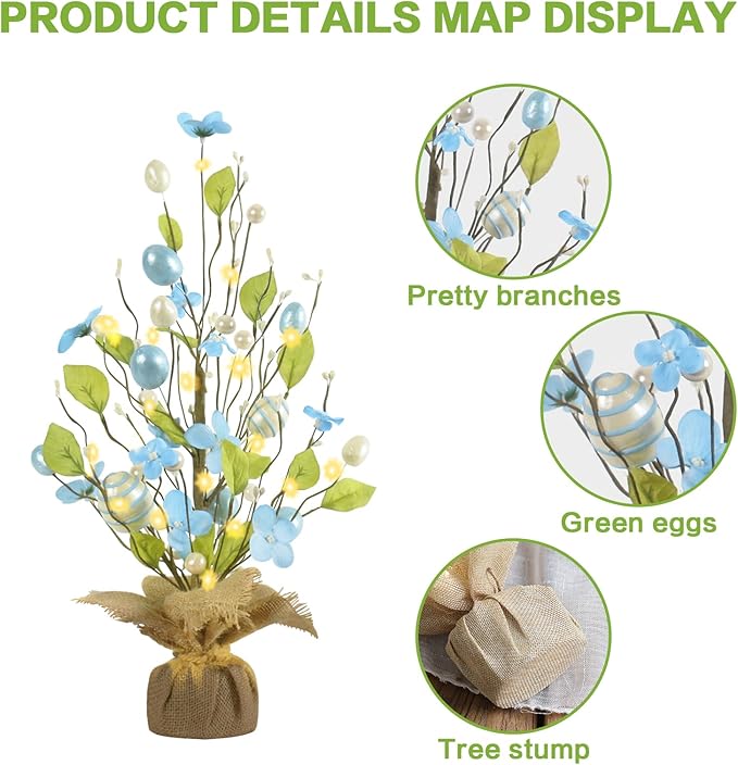 RoseCraft Easter Decorations, 18 Inch Easter Artificial Egg Tree Tabletop Decor with Delicate Ornaments, for Home Party Wedding Holiday Spring Summer Decoration, Blue/White.