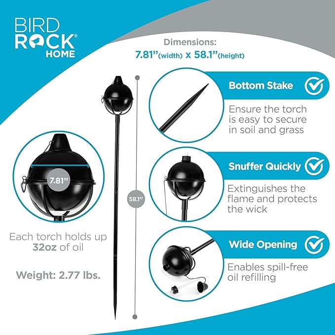 BIRDROCK HOME Bora Bora Torches - Easy to Refill Citronella - Flame Light Torch - Backyard Outside Patio Lighting - Metal Lamp - Decorative Urban Lantern (2)