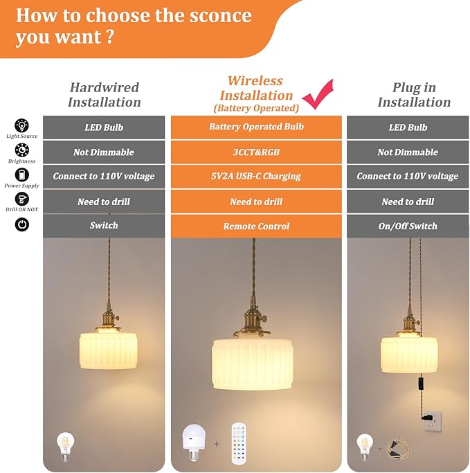 Battery Operated Pendant Light 5000mAh Rechargeable Chandelier with Remote Control Wireless Adjustable Hanging White Striped Light for Kitchen Island Dining Room Hallway, 2 Pack