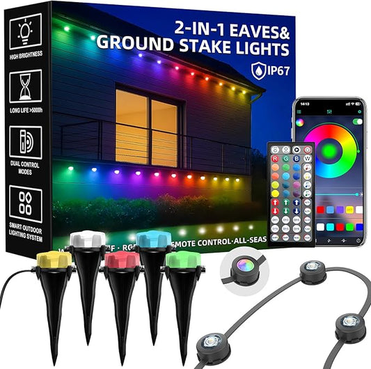 150 FT Permanent Outdoor Lights, Waterproof 2-in-1 Eaves & Ground Stakes LED String Lights with App/Remote Control for House, Garden– Smart Color-Changing Lighting for Halloween Christmas Decorations