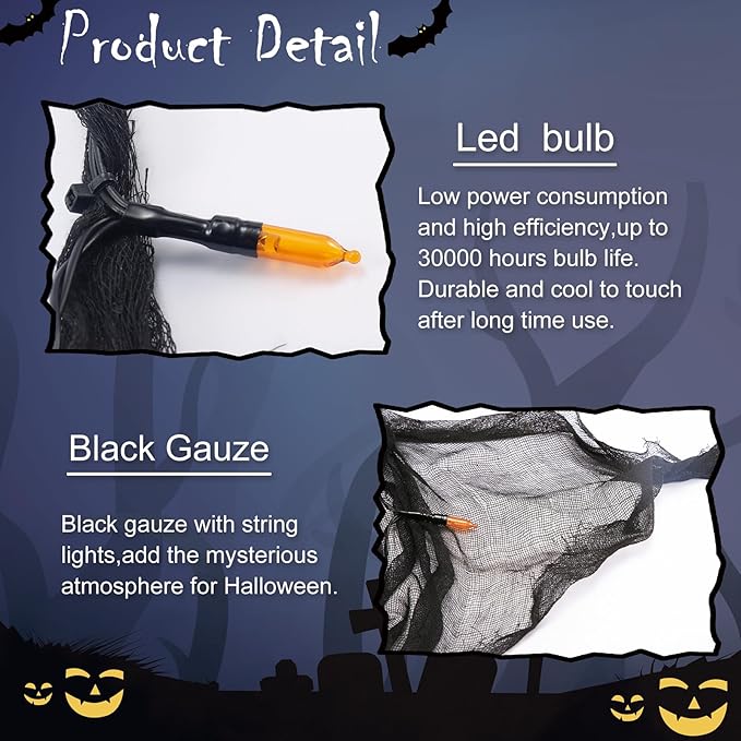 YAOZHOU Halloween Decorations String Lights Indoor, Orange 30LED with Black Gauze, Timer Battery Operated 9.9Ft Creepy Cloth Spooky Lights, Gothic Party Room Decor 2 Mode(2Pack)