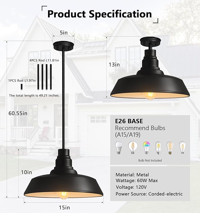 Large 15" Black Farmhouse Pendant Barn Light Suspension Light Fixture, Kitchen Island Chandelier Industrial Dome Ceiling Lighting Dining Room Large Vintage Lamp for Indoor Living Room