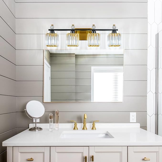 Vanity Lights 4-Light Modern Crystal Vanity Light Black Gold Bathroom Light Fixtures Over Mirror Crystal Bathroom Vanity Lighting Fixtures