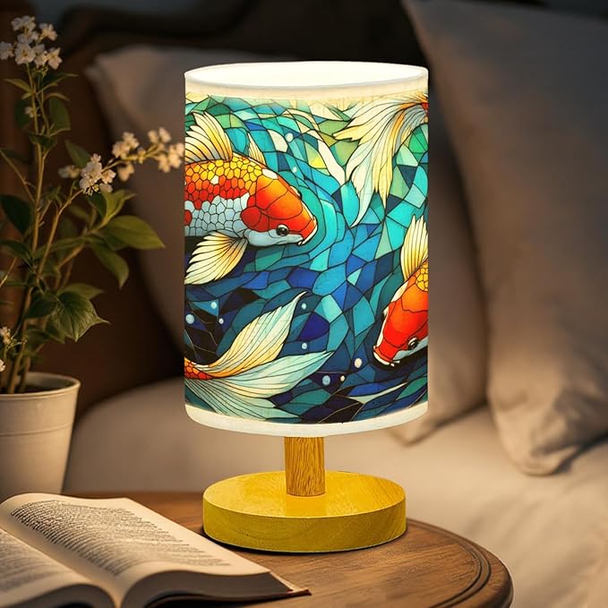 Koi Fish Table Lamp LED 3-Color Pressed Bedside, Koi Fish Shade Lamp with Wood Base for Bedroom Living Room Desk Office TL01