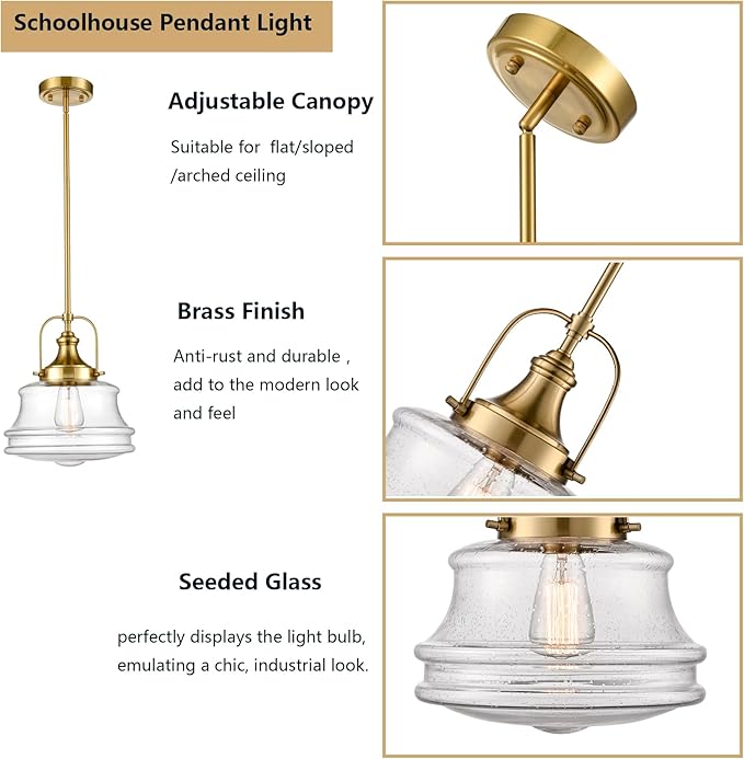 Modern Gold Kitchen Pendant Light Seeded Glass Shade-Rod Hanging Nautical Schoolhouse Dimmable Light for Dining Room Bathroom Hallway