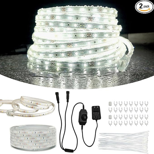 2-Pack 33ft Outdoor Rope Lights Waterproof, Flat & Flexible Led Outdoor Lights, Dimmable Rope Lighting, 12v Rope Light for Outside, Indoor Bedroom, Kitchen, Pool, Backyards