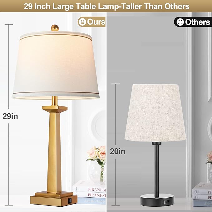 ROTTOGOON 29" Gold Table Lamps with 2 USB Charging Ports, 3-Color Temperature Nightstand Modern Lamps with Rotary Switch, Resin Brass Tall Lamp for Living Room Bedroom Home Office (LED Bulb Included)