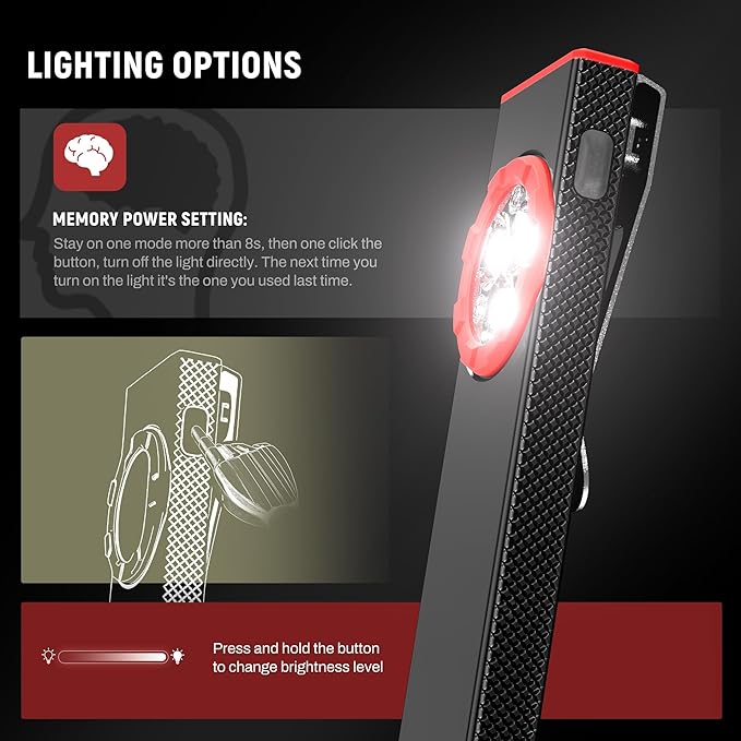 lexall EDC Flashlight, 2 Pack 800Lumen Rechargeable Pocket Flat Flashlight, Magnetic LED Flashlight with Clip, Dimmable Mini Area Light for Car Repairs/Inspection/Travel/Emergency/Camping