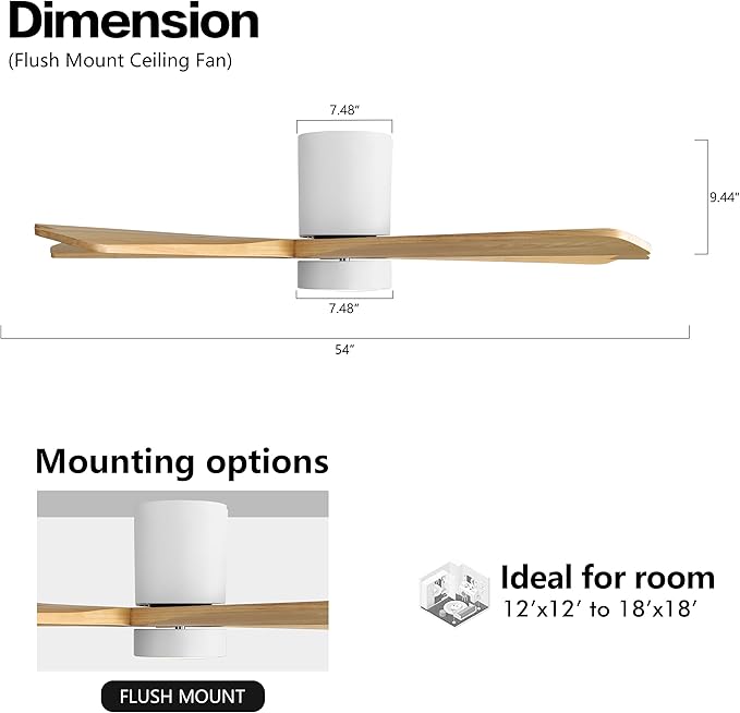 WINGBO 54 Inch Flush Mount DC Ceiling Fan with Lights and Remote, 5 Reversible Carved Wood Blades, 6-Speed Noiseless DC Motor, Hugger Ceiling Fan in White Finish with Oak Blades, ETL Listed