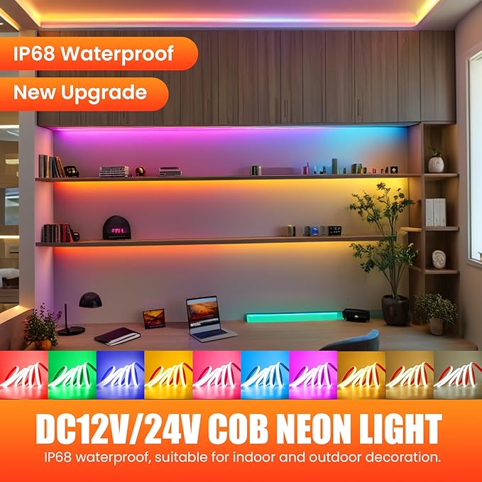 24V COB Neon Strip, 320LEDs/m Ultra-Bright Flexible COB LED Band, Outdoor Waterproof IP68 Self-Adhesive Tape, Red/White 2-Wire Neon Fairy Lights for Patio, Christmas（Yellow,1M）