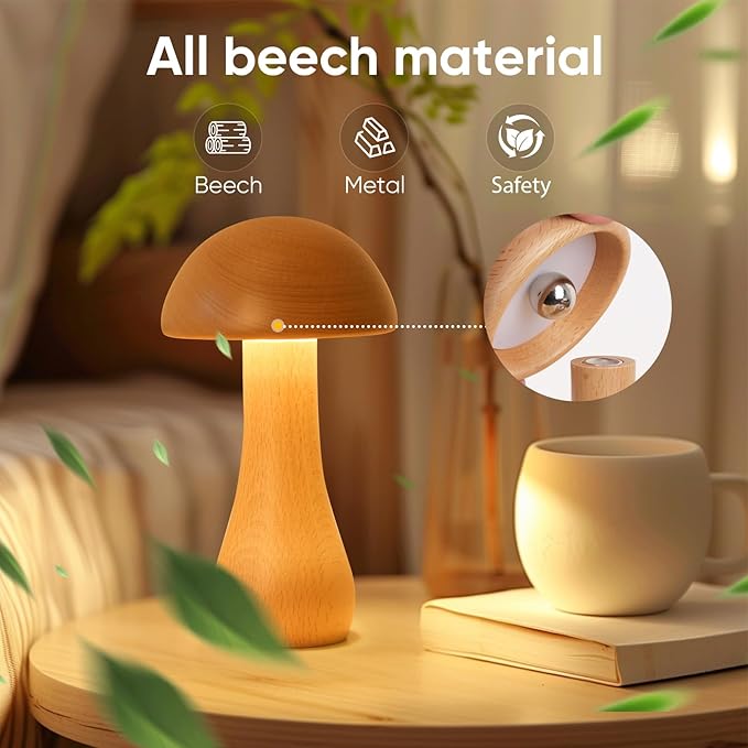 2 Pack Wooden Mushroom Lamp, Portable Cordless Small Rechargeable Battery Operated Lamp,Stepless Dimming,Night Light for Birthday Gifts