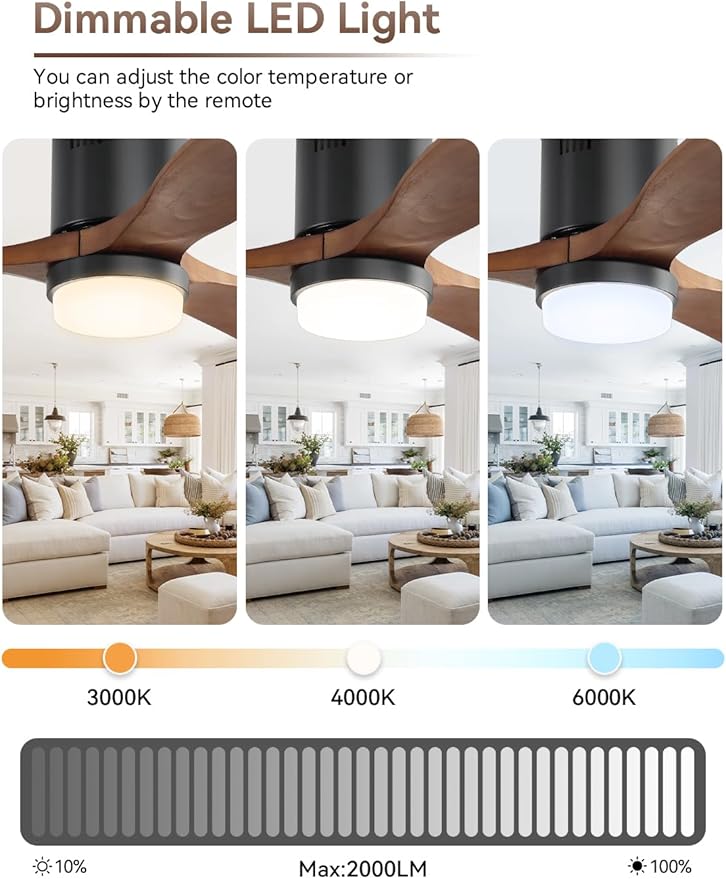 Sofucor 52 Inch Ceiling Fan with Lights and Remote, Flush Mount Low Profile Wood Ceiling Fan for Indoor Farmhouse Bedroom Living Room Outdoor Patio Porch, 3 Blades, Reversible DC Motor, Brown