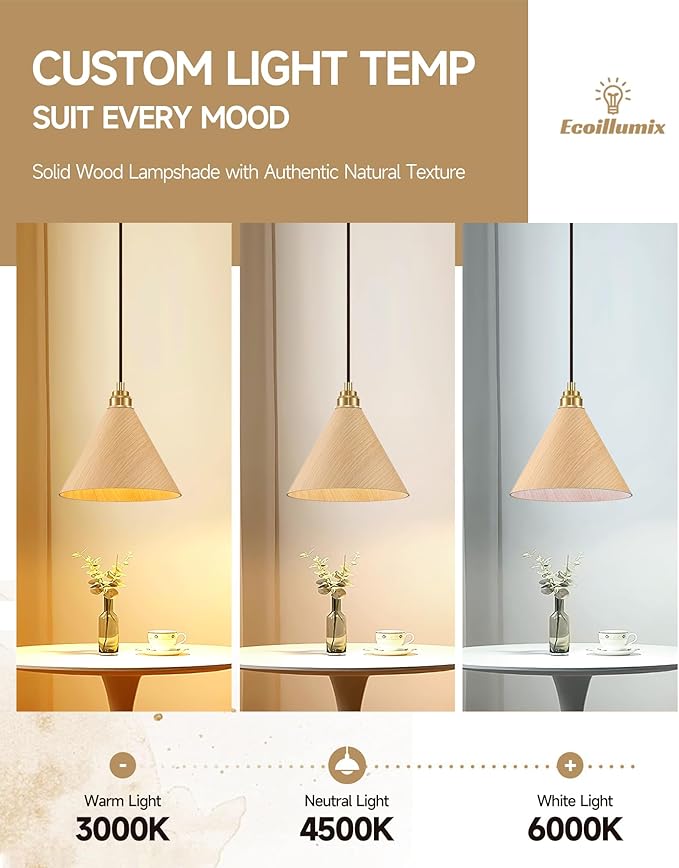 2 Pack Pendant Lights Kitchen Island, 8.3” Small Wood Pendant Light, Adjustable Height Hanging Light Fixtures, Kitchen Island Lights for Dining Room, Bedroom, Hallway, Bar (Natural Wood)