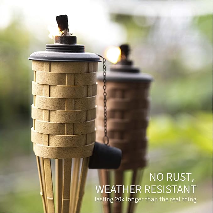 ONETHATCH Faux Bamboo Outdoor Torches (Sundried Color, 4pack); Large Island Citronella Torch for Garden Lighting, Luau Party, and Tropical Decor; Easy Refill Wide-Mouth Canister, Stands 60” Tall