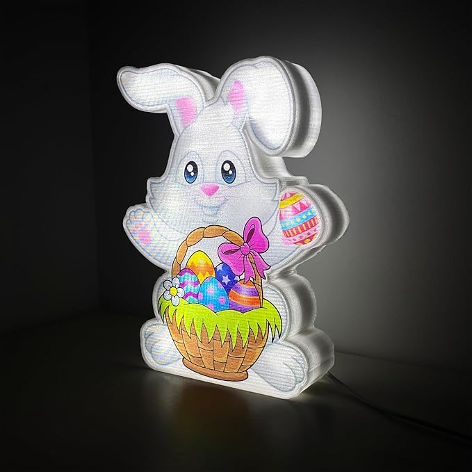 Allenjoy Spring Easter Bunny Rabbit Basket Eggs Night Light Up Box for Kids Gifts USB Powered Lamp Lightbox Bedroom Room Wall Art Table Desk Decorations Decor Sign