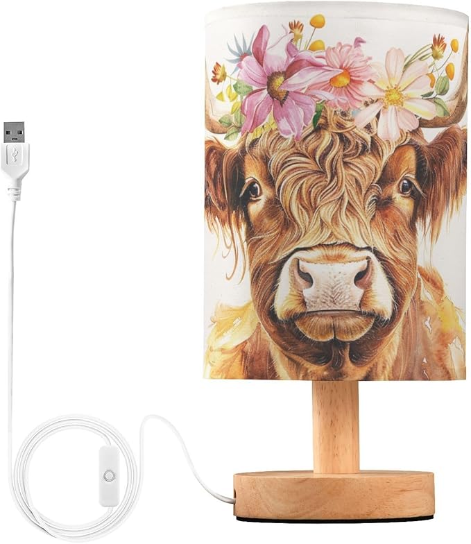 Bedside Table Lamp Cute Highland Cow Flowers Nightstand Lamp with Wood Desk Lamps for Bedroom Living Room Nursery Office Home Decor