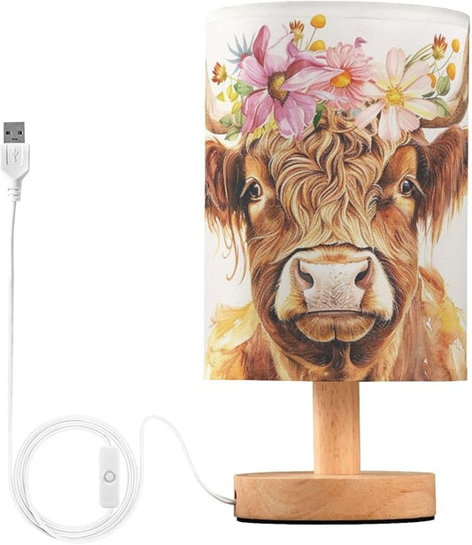 Bedside Table Lamp Cute Highland Cow Flowers Nightstand Lamp with Wood Desk Lamps for Bedroom Living Room Nursery Office Home Decor