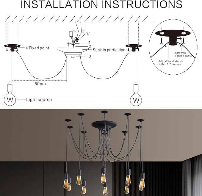Fuloon Vintage Edison Multiple Ajustable DIY Ceiling Spider Lamp Light Pendant Lighting Chandelier Modern Chic Industrial Dining with Romote Control (10 Head Cable 200cm/78.7inch) (10 Head)