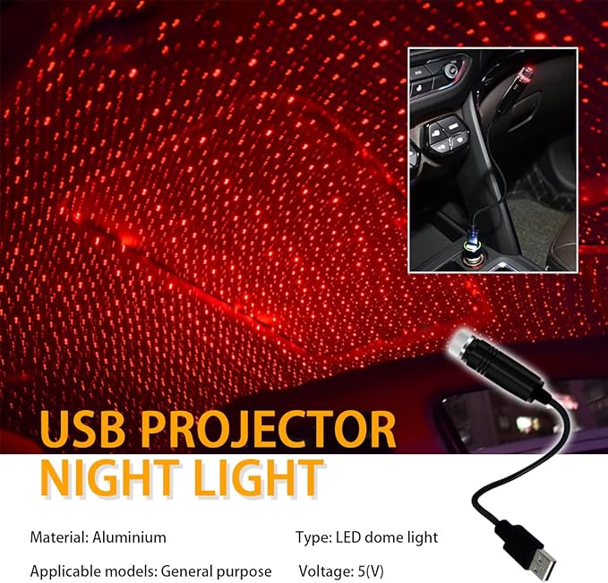 USB Projector Night Light, Highlighted Car Roof Light, Auto Interior LED Romantic Atmosphere Light, Adjustable Night Lamp for Bedroom Party, Universal Decor Car Accessories (Red)