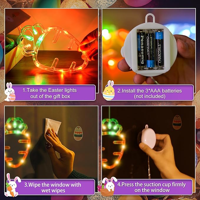 3Pack Easter Window Lights Decorations with Timer, Battery Powered Hanging Pink Orange Green Blue Lighted Bunny Carrot Egg Shaped Sucker LED Lamp for 2026 Holiday Indoor Home Decor