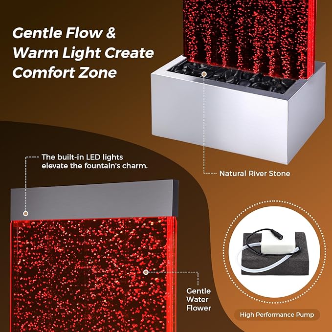 Bubble Wall Waterfall Fountain, Acrylic Indoor Floor Standing Water Wall with Changing LED Color Lights Remote Control, 64" x 19", Housewarming, Christmas Home Decor (Bubble Wall)
