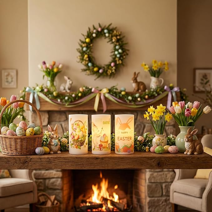 3PCS Easter Flameless Candles with Remote Control,Happy Easter Bunny Flower Rabbit Spring LED Candle Battery Operated for Easter Theme Party Home Decor