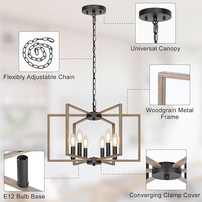 6 Light Farmhouse Chandelier, Dining Room Light Fixture with Wood Grain Painted, Metal Geometric Ceiling Light Rustic Hanging Pendant Lights with E12 Base for Kitchen Island Entryway Foyer, Indoor