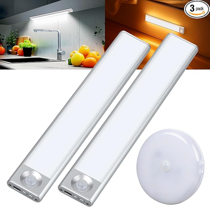 CT CAPETRONIX Under Cabinet Lights, Rechargeable Closet Lights with 3 Color Temperatures Dimmable 3 Modes, Motion Sensor Light Indoor with Magnetic, Wireless Under Counter Lights for Kitchen, Stairs