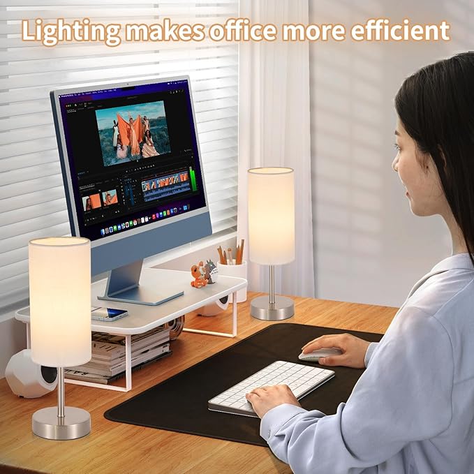 2 Pack Small Table Lamp for Bedroom, Bedside Lamp for Nightstand, Minimalist Modern Desk Lamp with Linen Fabric Shade for Living Room, Office, Kids Room, Dorm, LED Bulb Included