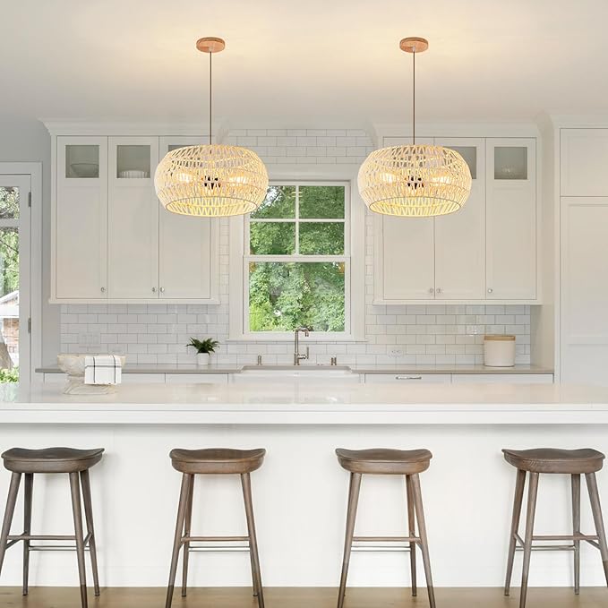 Boho Pendant Light,Dinning Room Light Fixture Rattan Chandelier Cream White Hanging Light Ceiling Mount Hand Woven Lamp Shade Bohemian Drum Chandelier Basket Light for Bedroom Kitchen Island Hallway