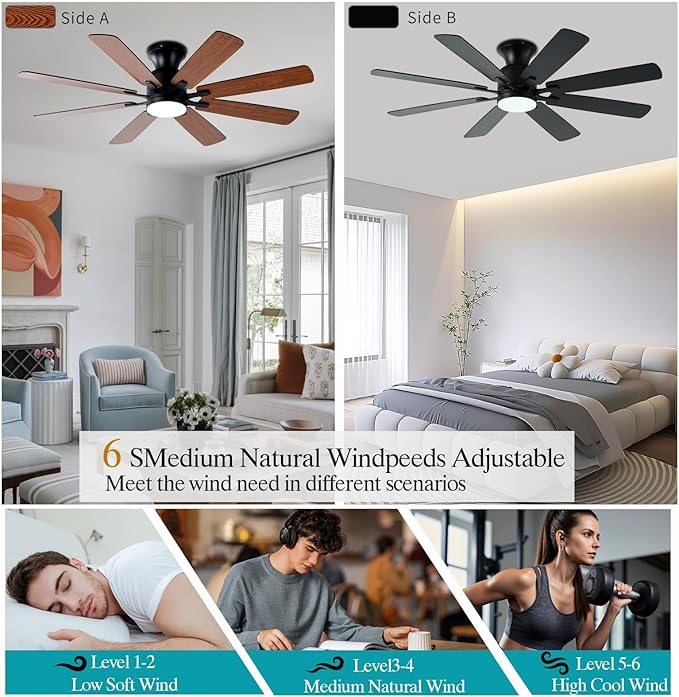 KNUN 52 Inch Ceiling Fan with Light, Low Profile Ceiling Fan with Remote and APP Control, 8 Blades, Noiseless, DC Motor, Flush Mount Ceiling Fans for Bedroom Living Room, Indoor/Outdoor Brown