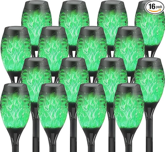 16 Pack Solar-Powered Flashlight Torches for Outdoor use, Dancing and Flickering Flame Torches for Landscape Decoration, Suitable for Paths, lawns, terraces (Green)