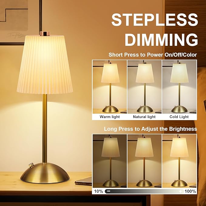 FRIDEKO HOME Rechargeable Table Lamp Gold - Cordless Battery Operated Lamp, Fabric Shade Desk Lamp, Wireless Lamp for Decor Bedroom Dining Table Counter (1pcs-Hard Fabric-LED-11.65in)