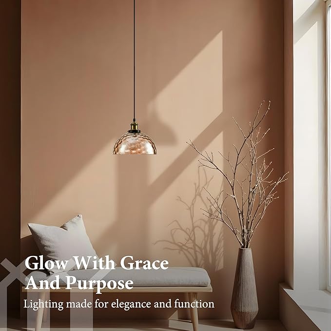 Modern Glass Pendant Light, 9.6"x4.8" Amber Ribbed Globe Light Fixture with Gold Cap, 15"-72" Adjustable Cord, E26 Socket for Dining or Lounge Areas – Sunrise Glow Bell