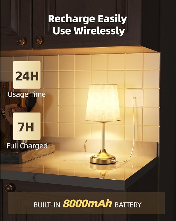 Cordless Table Lamp, 8000mAh, Ambient Light, Dimmable, Touch Control, 2700K, Small, Portable, LED, Wireless, Rechargeable, Cordless, Desk Lamp, Kitchen Lamp, Fabric Shade, for Dining Room, Bedroom