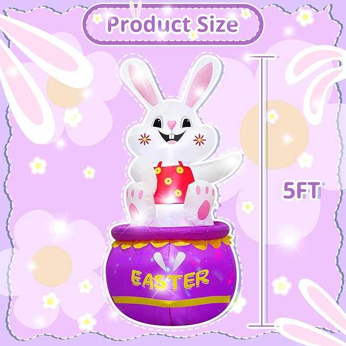 5FT Easter Bunny Inflatable Outdoor Decorations Build-in LED Lights,Cute Easter Rabbit Egg Blow Up Indoor Outdoor Decor, Spring Summer Outdoor Decor,Holiday Addition for Party,Yard,Garden, Lawn