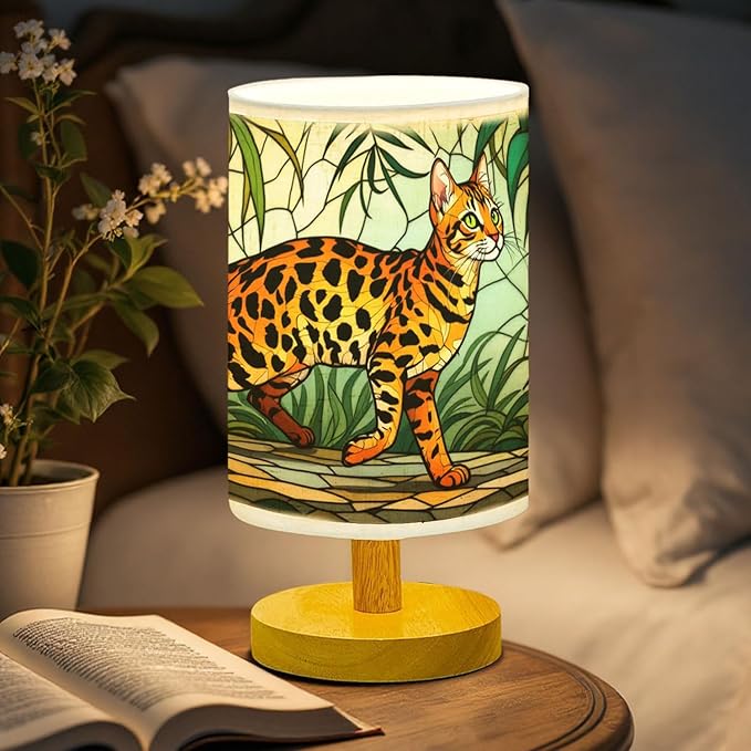 Bengal Cat Table Lamp LED 3-Color Pressed Bedside, Bengal Cat Shade Lamp with Wood Base for Bedroom Living Room Desk Office TL01