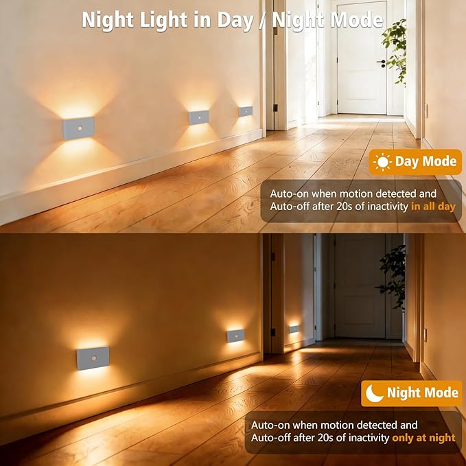 Motion Sensor Night Light, Rechargeable Battery Night Light, 3000K-6500K Magnetic/Stick-on Closet Lights, Dimmable Stair Lights for Bedroom Kitchen Hallway Stairs (2 Pack)