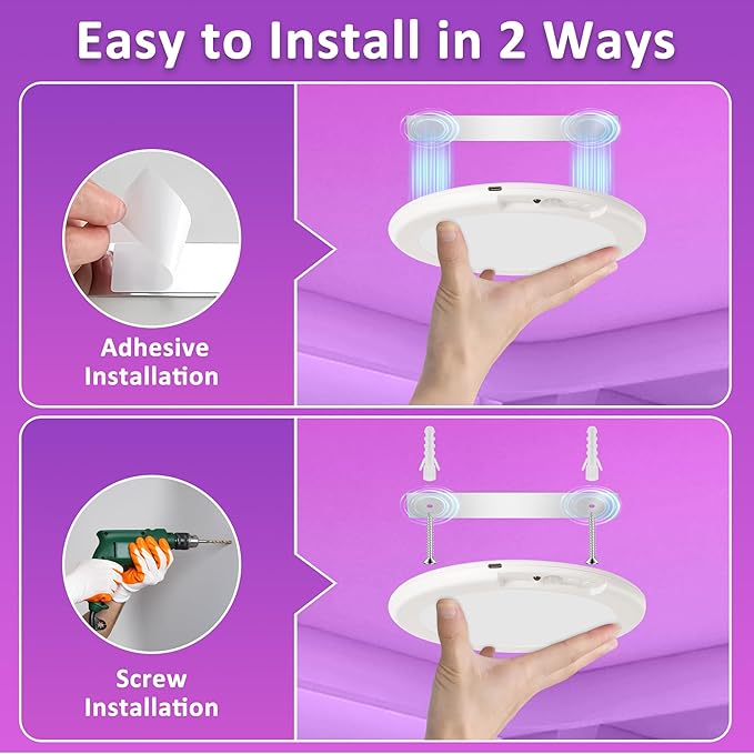 maylit Shower Lights 2 Pack, RGBW Rechargeable Ceiling Light, Waterproof Battery Operated Lamp, Wireless Stick on Inside Motion Sensor Mood LED Lighting for Bathroom No Wiring, Indoor