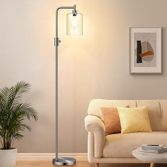 【Upgraded】Dimmable Floor Lamp for Living Room with Glass Lampshade, Brushed Nickel Modern Floor Lamp with 900LM LED Bulb Included, Bright Standing Tall Lamp for Bedroom, Office, Reading Room, Corner