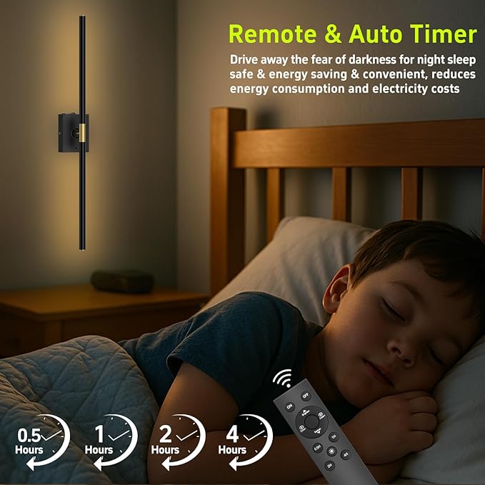 iThird Battery Operated Wall Sconces Set of 2: 10000mAh Rechargeable Wall Lights with Remote Control, 360° Rotate Wireless Wall Scone Decor for TV/Mirror Bedroom Living Room, 31.5 Inch, Black